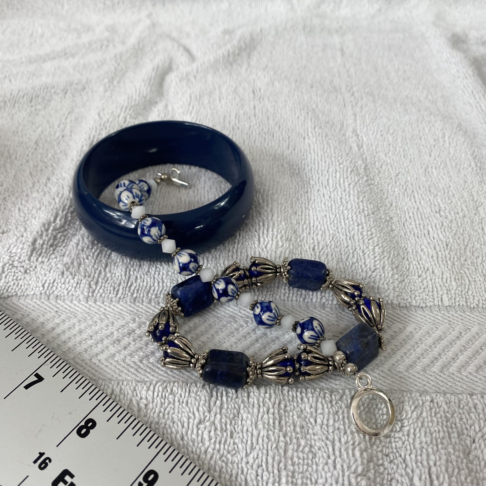 Blue Womens Bracelet Set Lot Of 3 Bangle Gemstone Porcelain Beads Boho 7.8 In