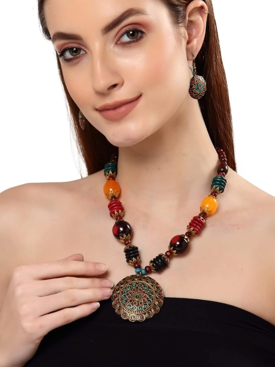 Indian bollywood boho tribal pendant with matching earrings for men and women