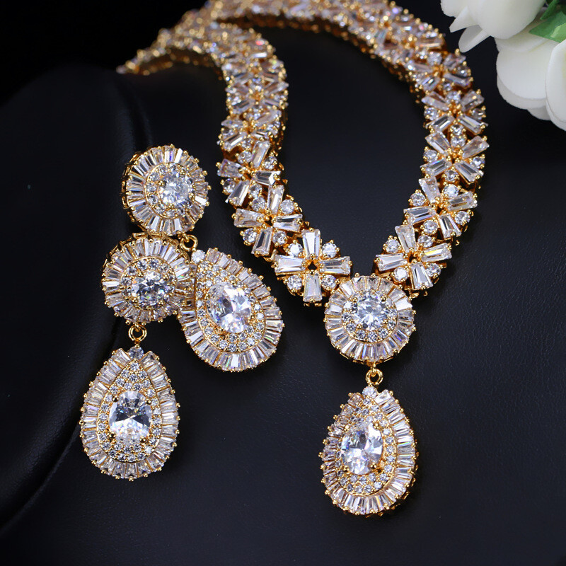 Luxury Bridal Green CZ Crystal Wedding Gold Plated Necklace Earrings Jewelry Set