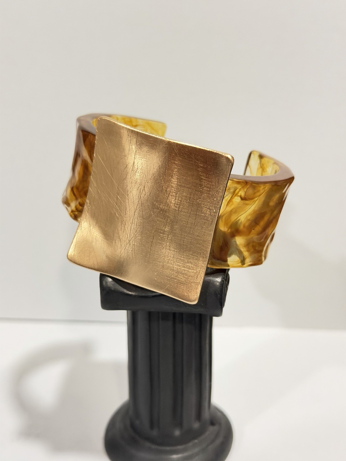 Chunky Brown Swirl Acrylic Brushed Gold Tone Metal Cuff Bracelet Statement