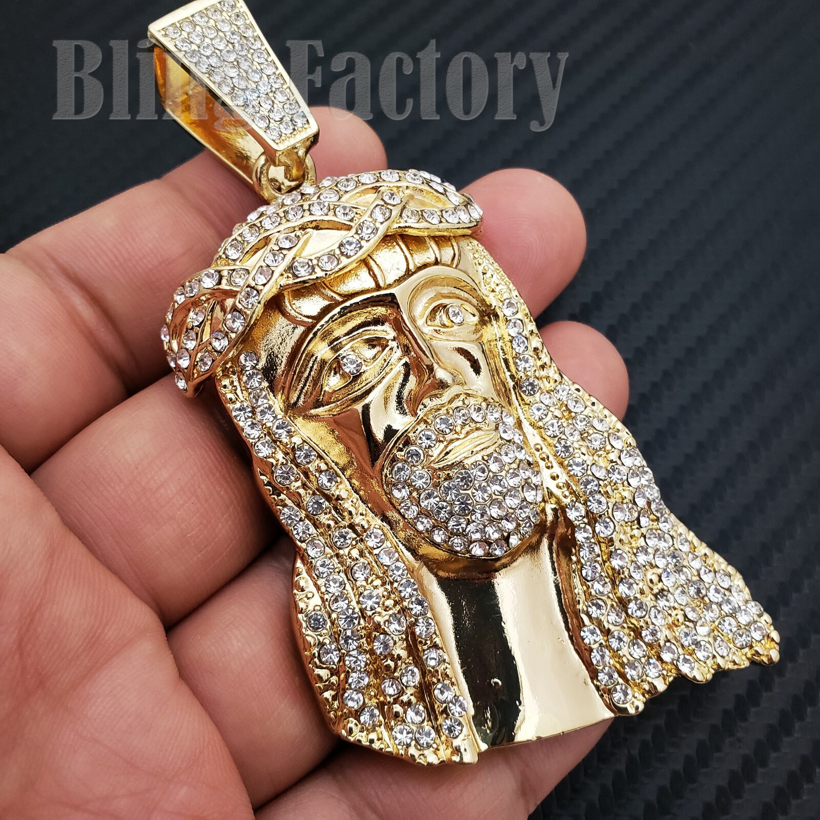 HIP HOP ICED 14K GOLD PLATED ALLOY CUBIC ZIRCONIA JESUS HEAD LARGE CHARM PENDANT