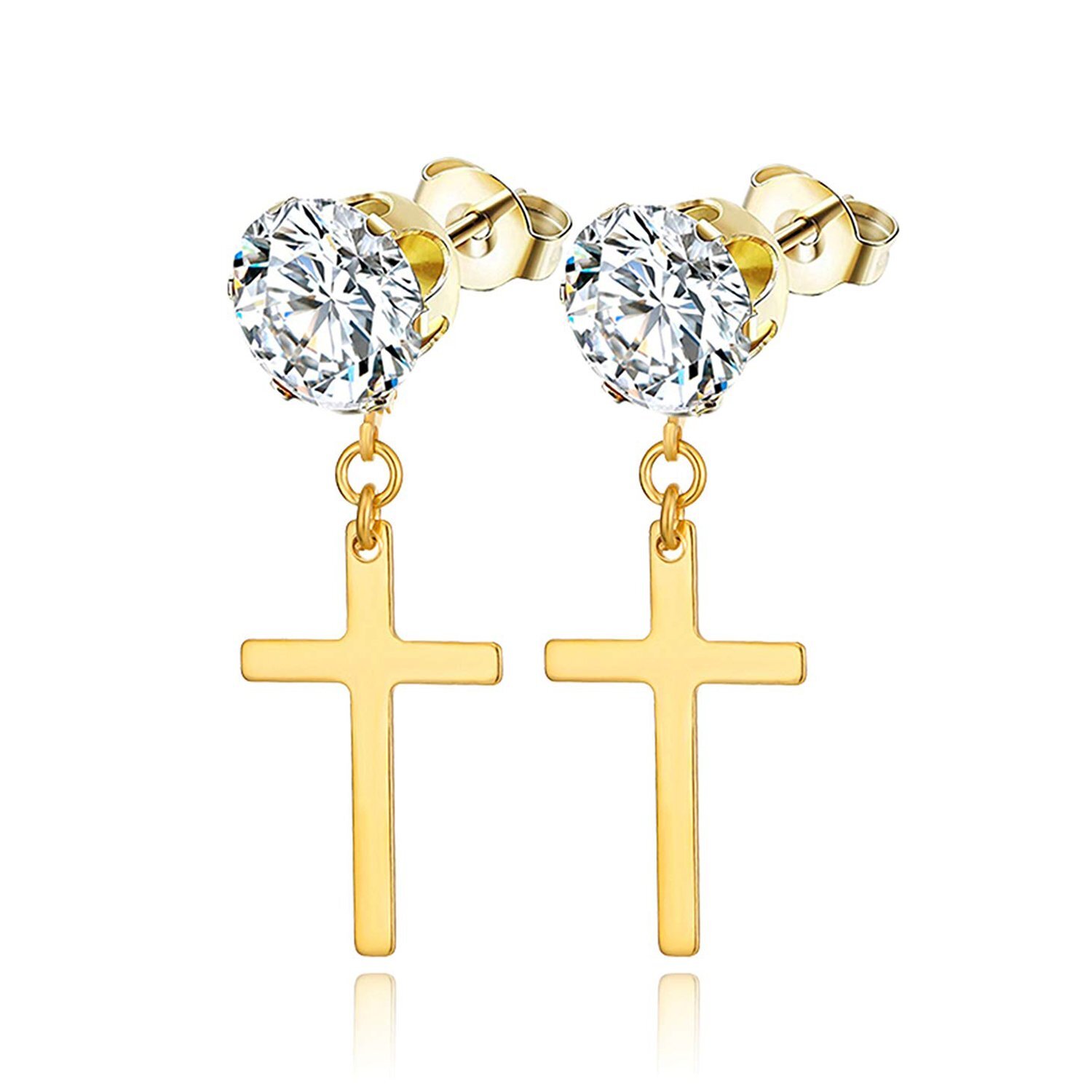 Mens Womens Stainless Steel Cross Drop Dangle Earrings CZ Ear Stud Jewelry Gift
