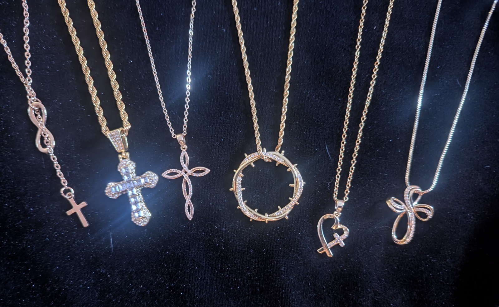 6 Gold Tone Christian Cross and Crown Synthetic Gemstone Necklace & Pendants