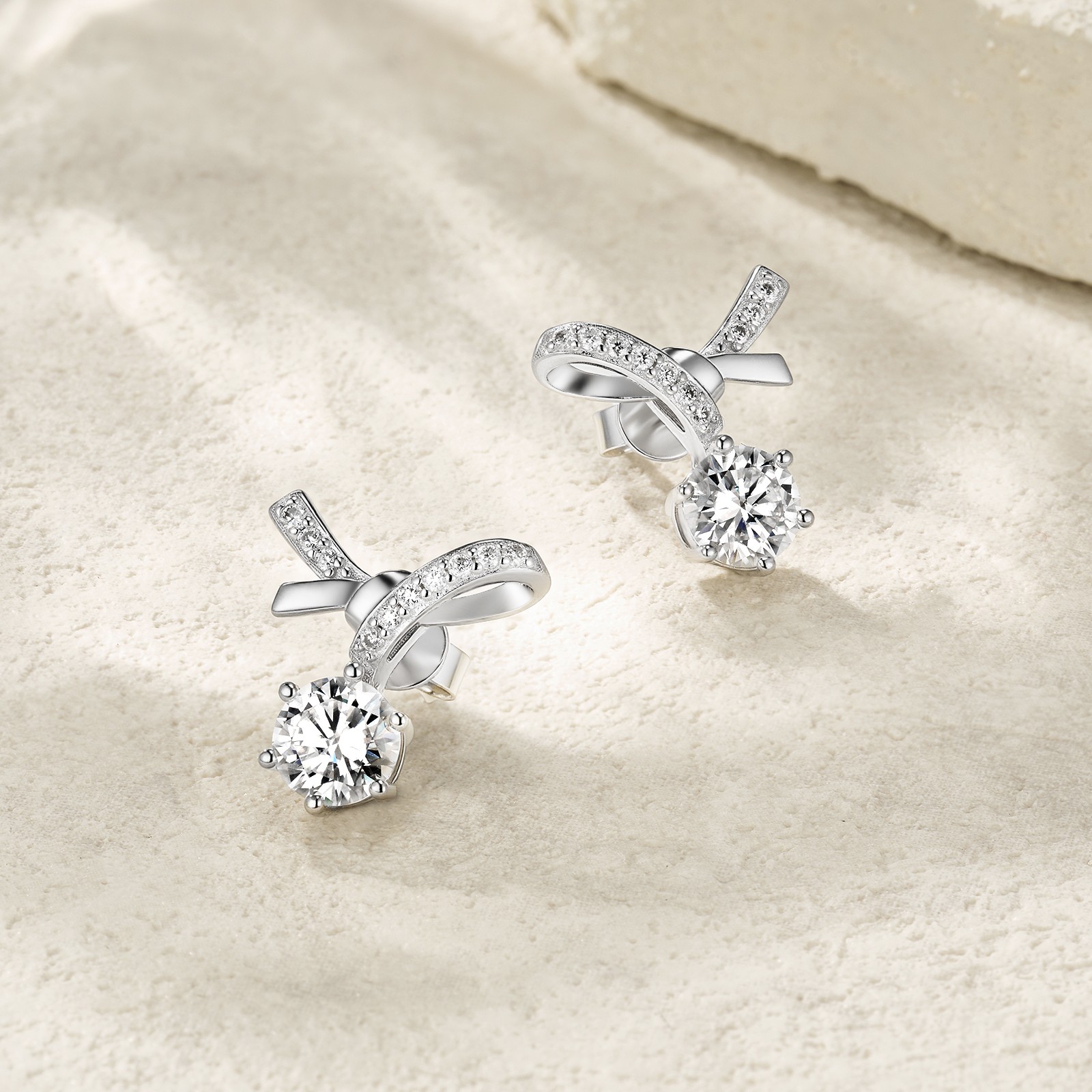 S925 Sterling Silver Bowknot Stud Earrings, 1ct D-VVS1 Moissanite, Pave Ribbon D