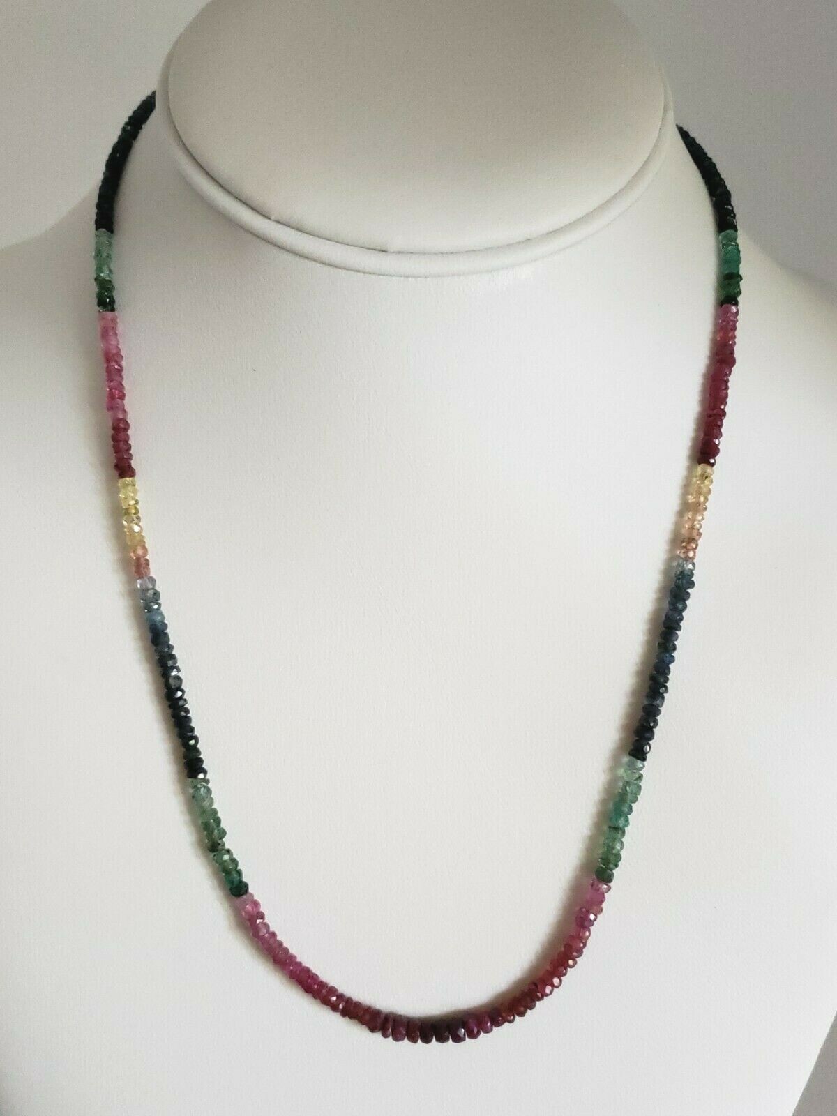 14k Yellow Gold Multi-Color Sapphire, Ruby, Emerald Beaded Necklace 18″