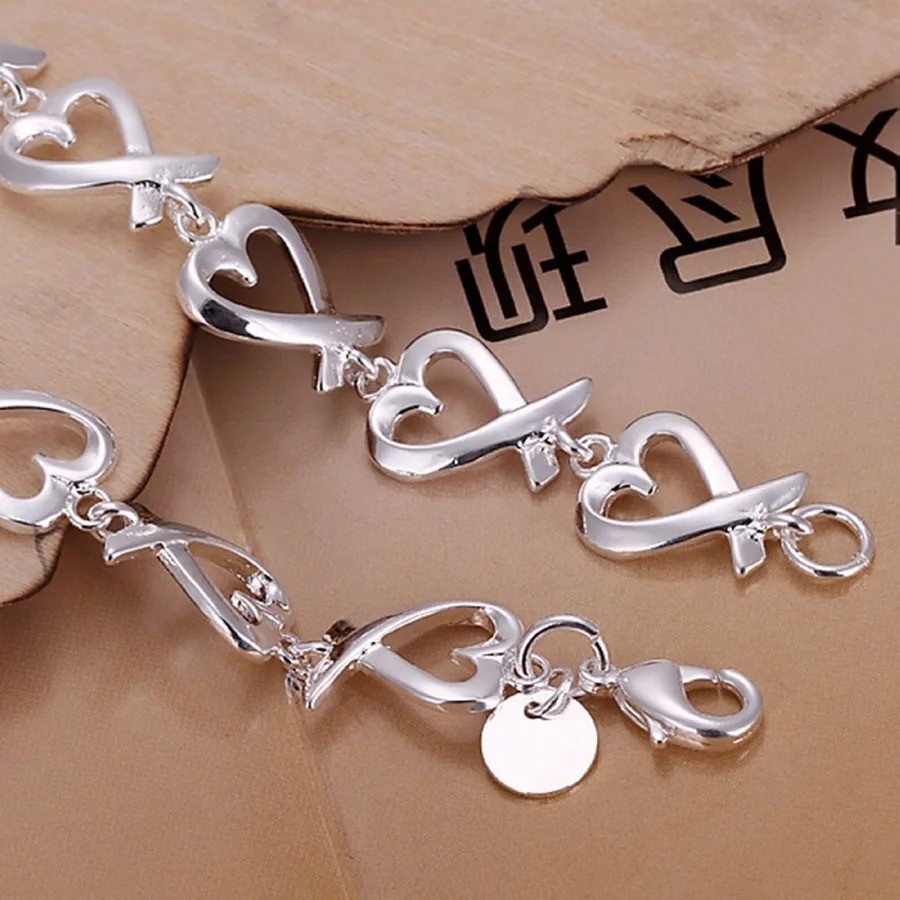 925 Sterling Silver Charm Heart Thick Chain Women Bracelet Fashion Jewelry