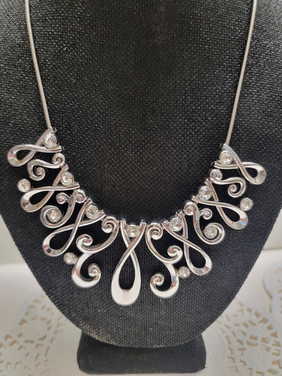 Silver-Tone Crystal Teardrop Scroll Charm Pendant Snake Chain Necklace