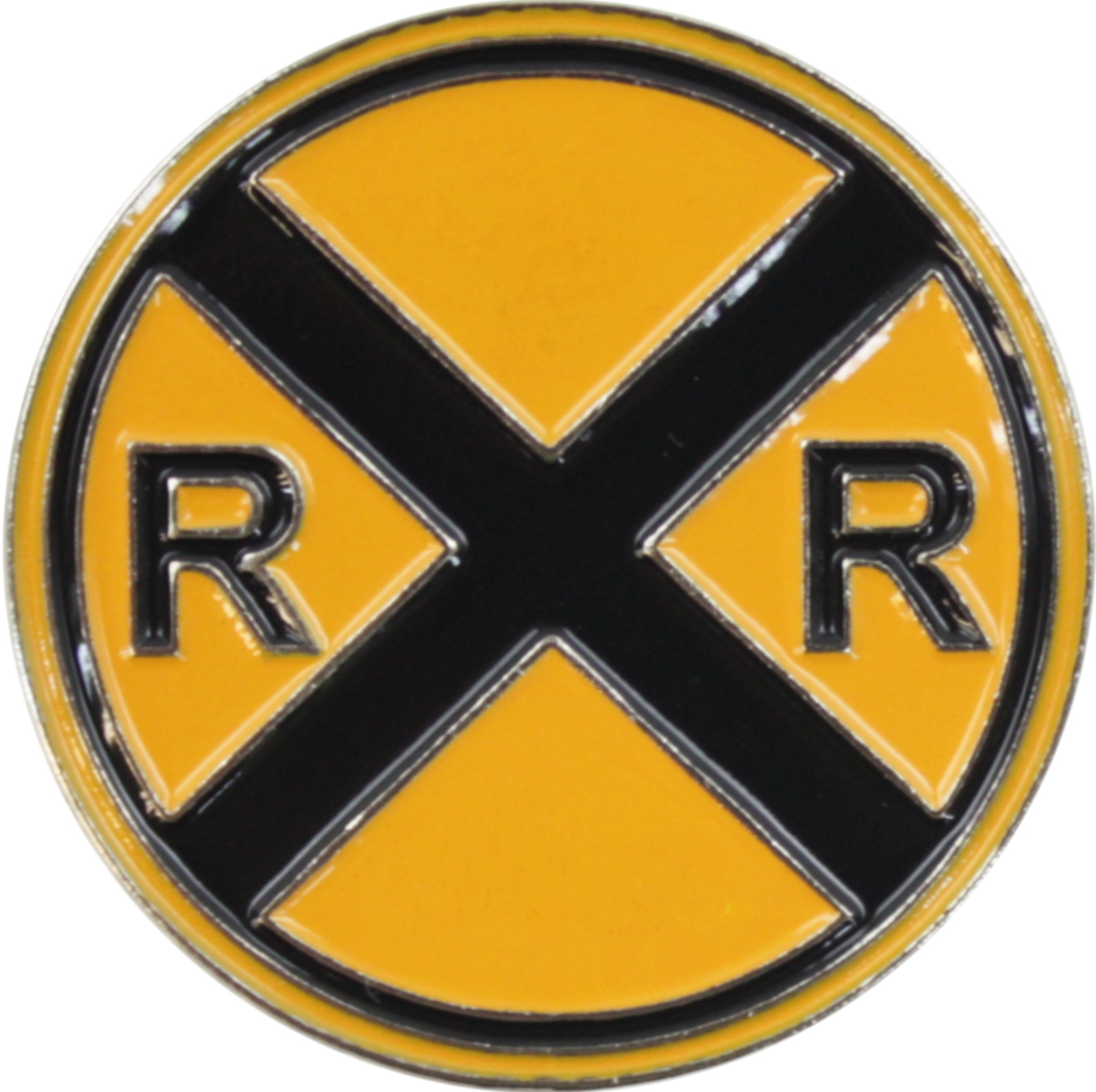 Enamel Pin – Railroad Crossing Round Sign Black On Yellow Train Enthusiast #3883