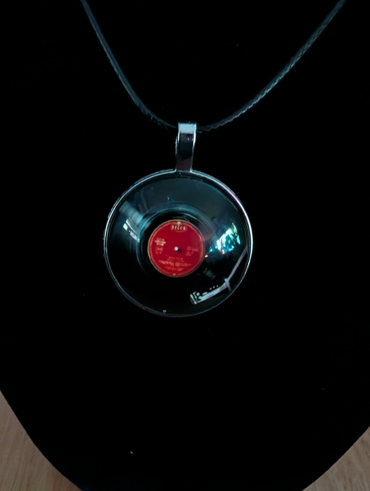Black Cord Pendant Necklace, Vinyl Record Charm, Red Label, Music Theme