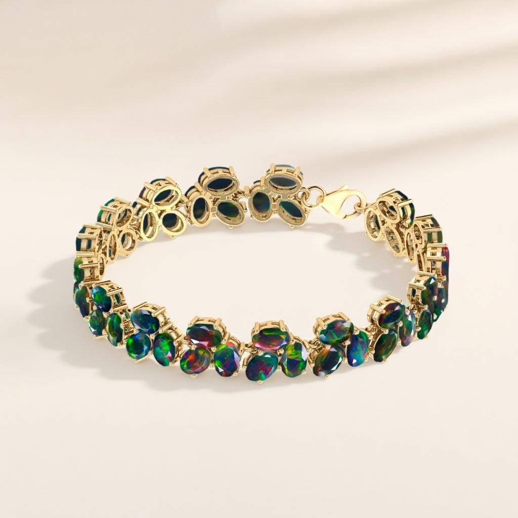 Fire Black Opal Gemstone Floral Tennis Bracelet, Natural Fire Opal Gemstone 925