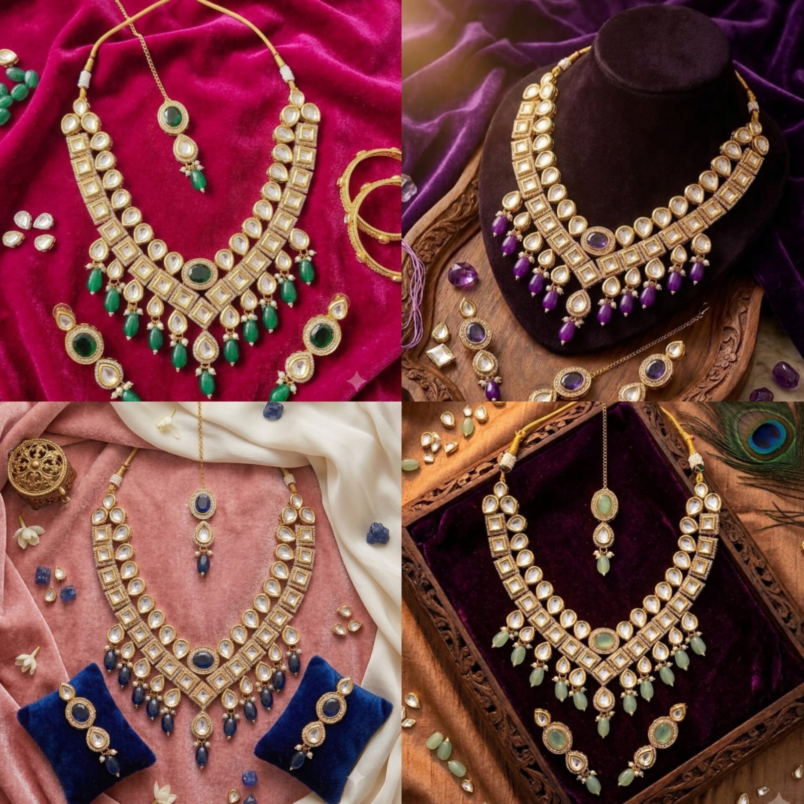 Indian Kundan Bridal Jewelry Set 4 in 1 Combo Gold Plated Free Shipping