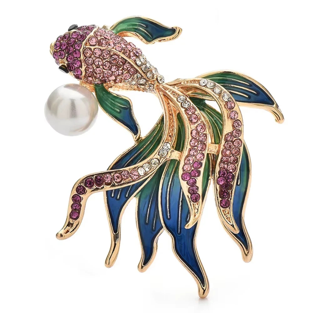 Sparkling Rhinestone Blue Fish Brooch Sea Animal Pin Spring Summer Jewelry Gift