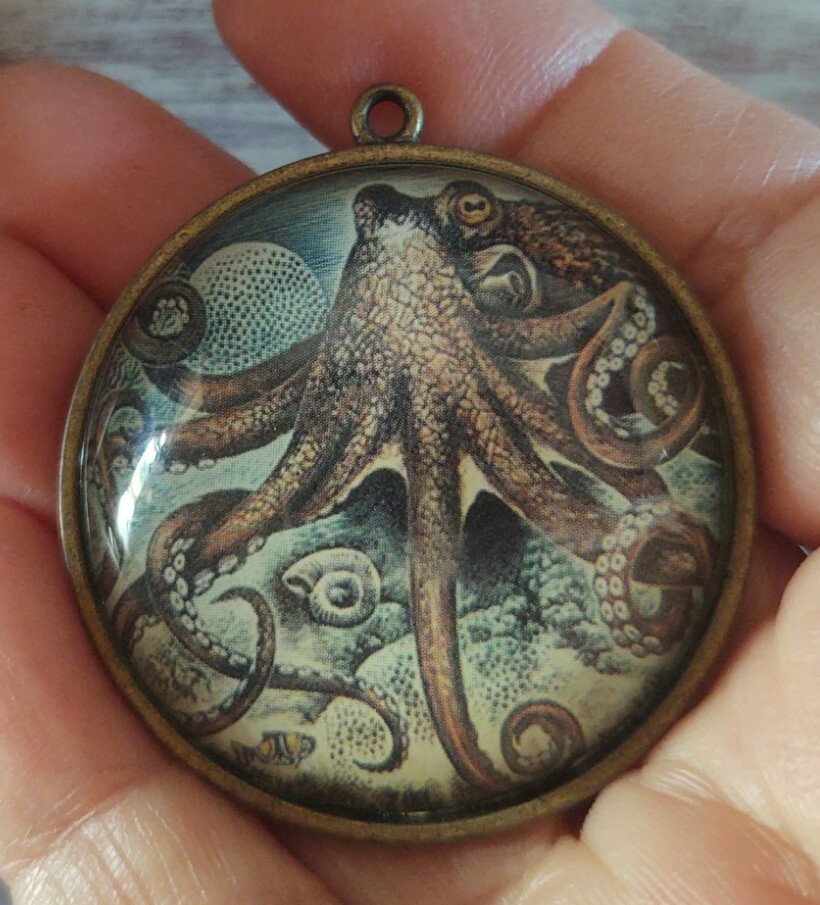 Vintage Round Brass Octopus Pendant with Glass Dome 1 3/4 Inches Diameter