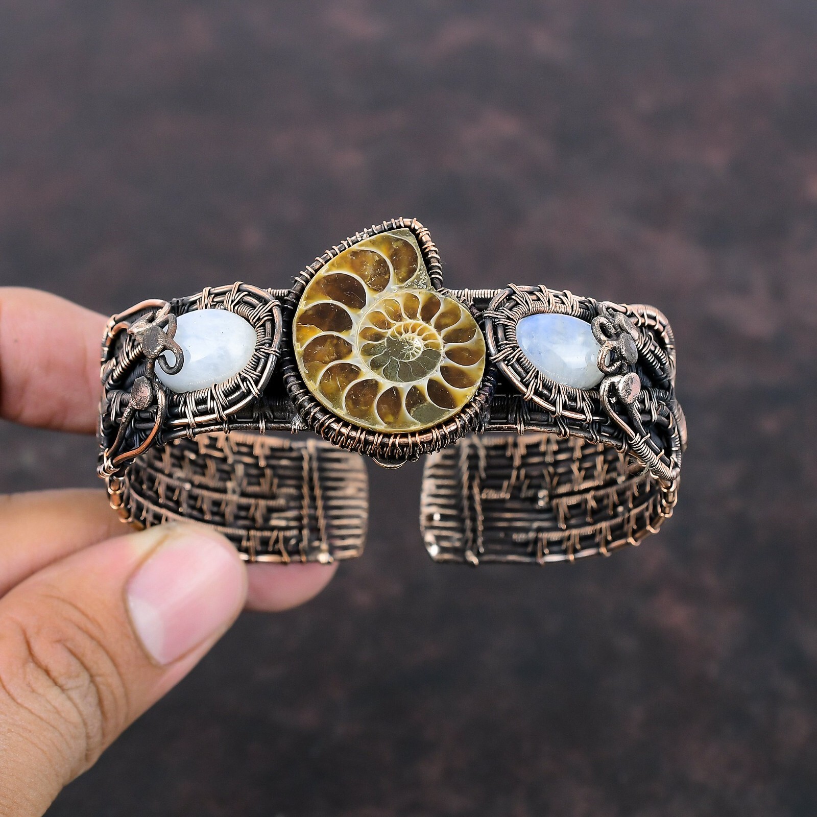 Ammonite Fossil Copper Friend Gift Wire Wrapped Adjustable Bangle