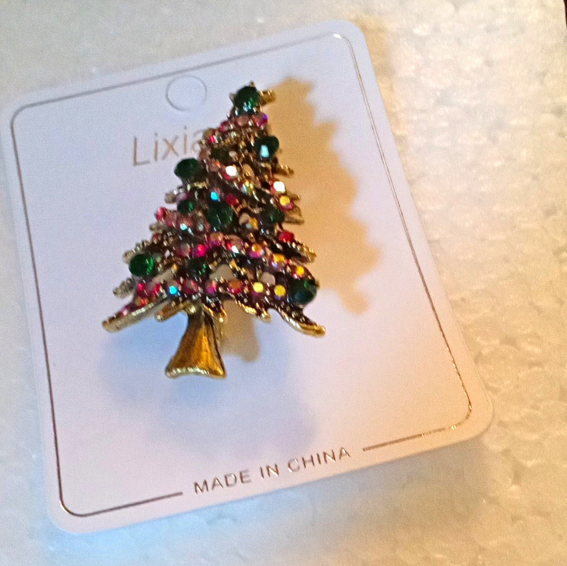 Lixi Gold Tone Christmas Tree Brooch Pin, Green Crystal Rhinestone, China