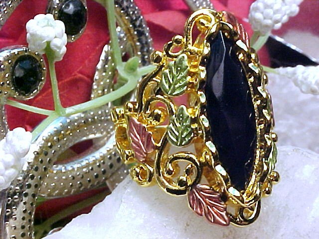 Black Hills Design Ring + Grape leaves + Black Onyx 925 Vermeil Sz 7.5