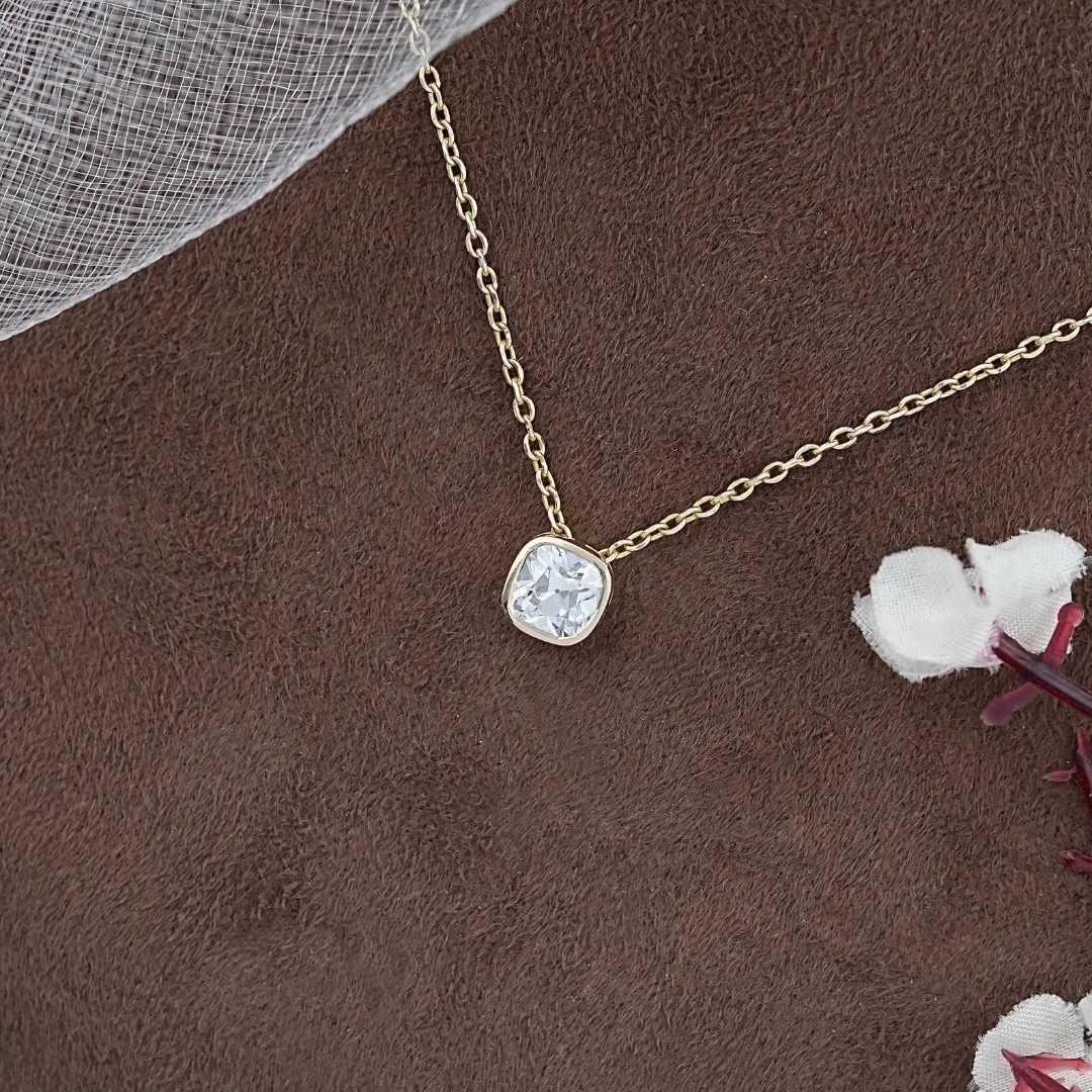 3.00 Ct Cushion EF VS Lab Grown Diamond Solitaire Bezel Necklace 14K Yellow Gold