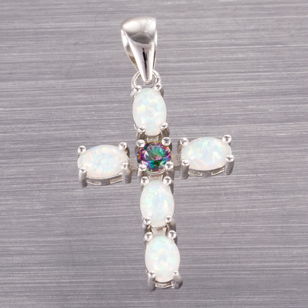Latin Cross Mystic Topaz White Fire Opal Silver Jewelry Necklace Pendant