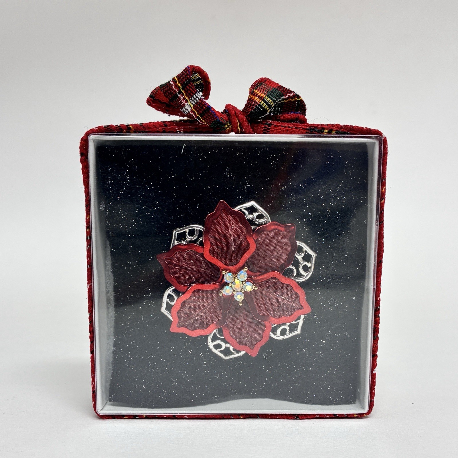 Poinsettia Mesh Metal Brooch Pin, Enamel Red Silver Christmas Flower, 2-1/8 in