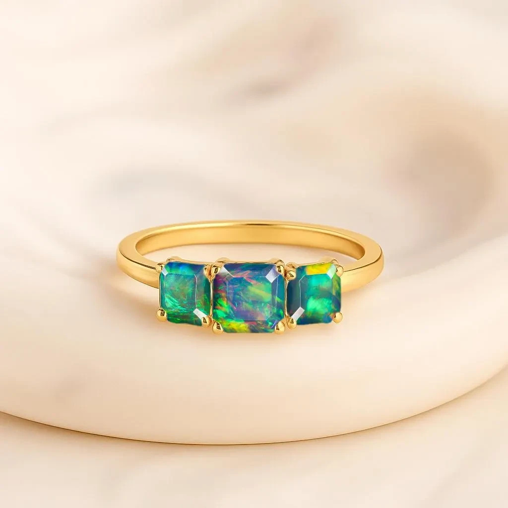 Black AAA Fire Opal Gemstone Statement Ring, Natural Opal Gemstone Gold Ring