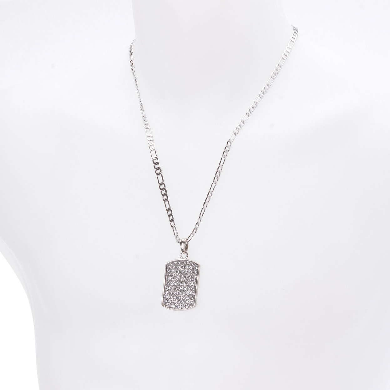 Mens Iced Dog Tag Hip Hop w/ 5mm 24″ Figaro Chain Pendant Fashion Necklace Set