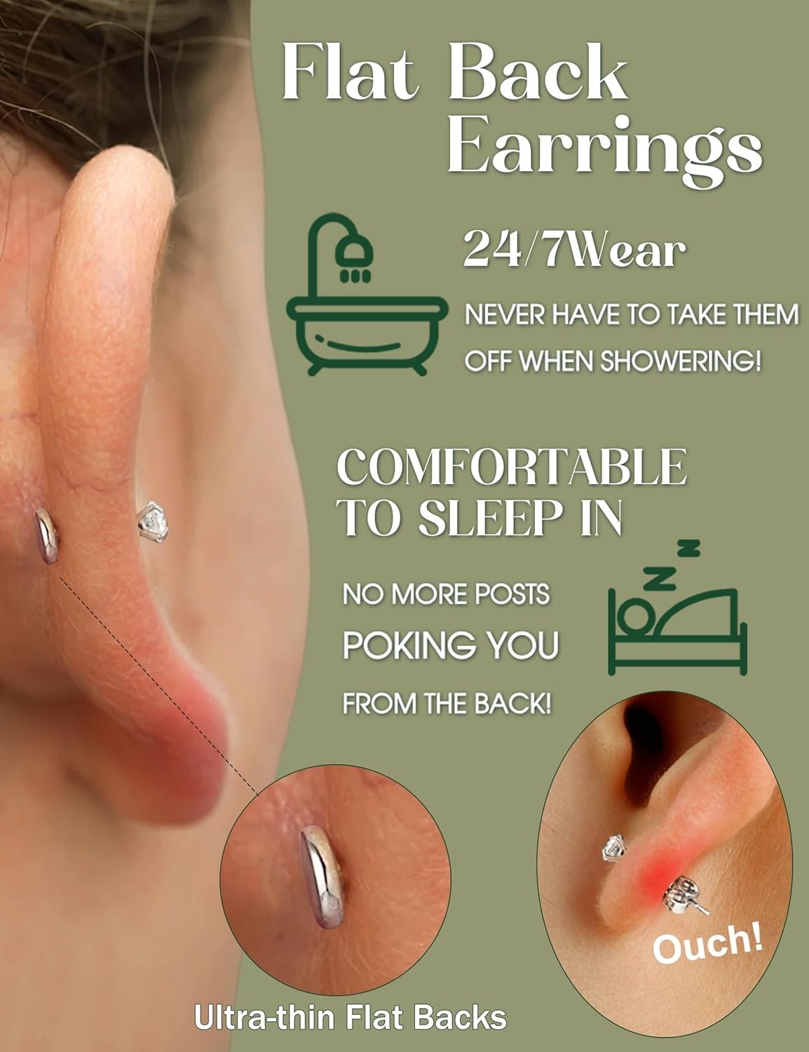 16G 18G Flat Back Stud Earrings for Women – Hypoallergenic Surgical Steel Int…