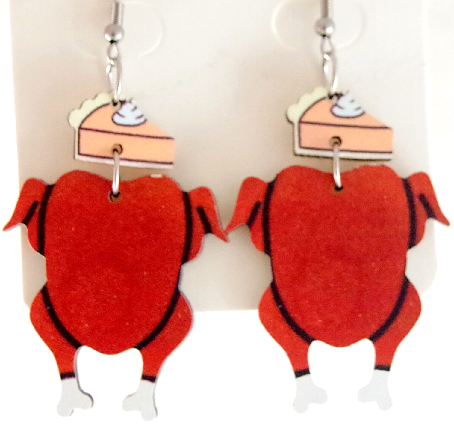 Cute! NEW 2-SIDED THANKSGIVING TURKEY w/ PUMPKIN PIE WOODEN DROP DANGLE EARRINGS