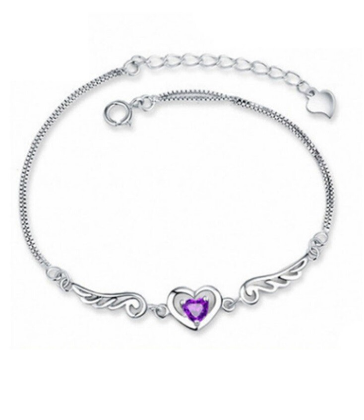8″ Women Girl Amethyst Angel Wing Heart Chain Sterling Silver Bracelet Gift B14