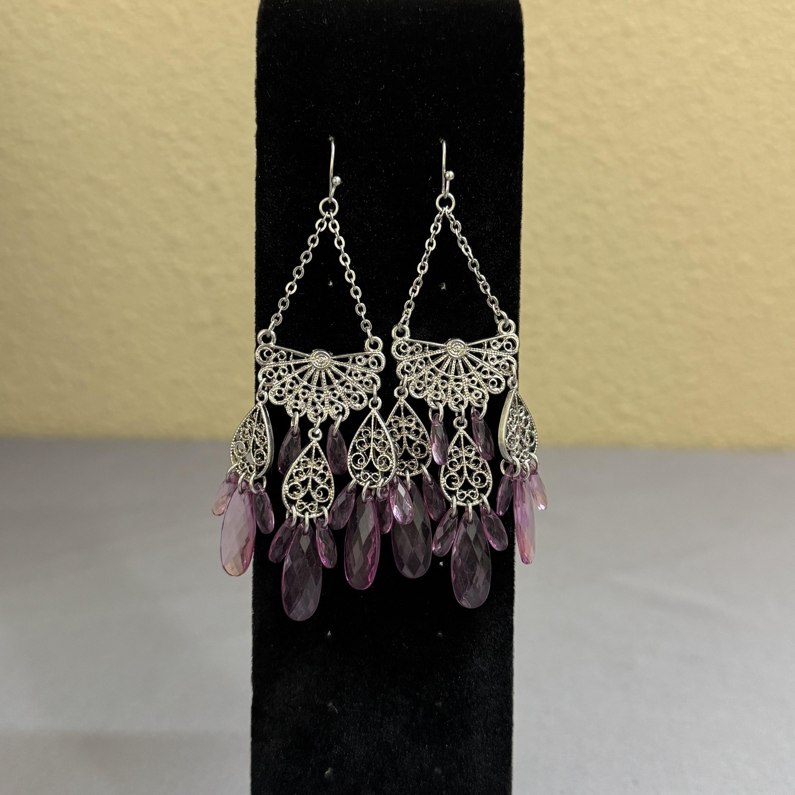 Purple Teardrop Chandelier Dangle Drop Earrings 3.5 In Womens Filigree Jewelry