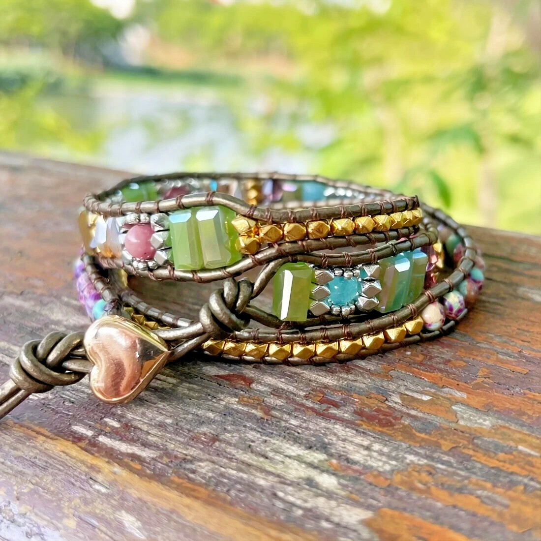 Natural Jasper Leather Wrap Bracelet 3 Strands – Handmade Stone Beads for Peace
