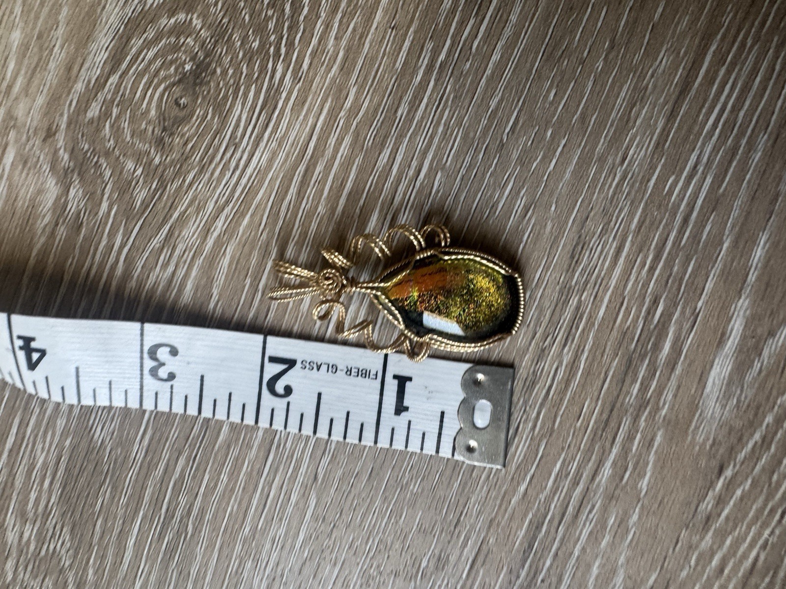 Wire Wrapped Oval dichroic glass pendant Handcrafted Charm w/ gold tone details