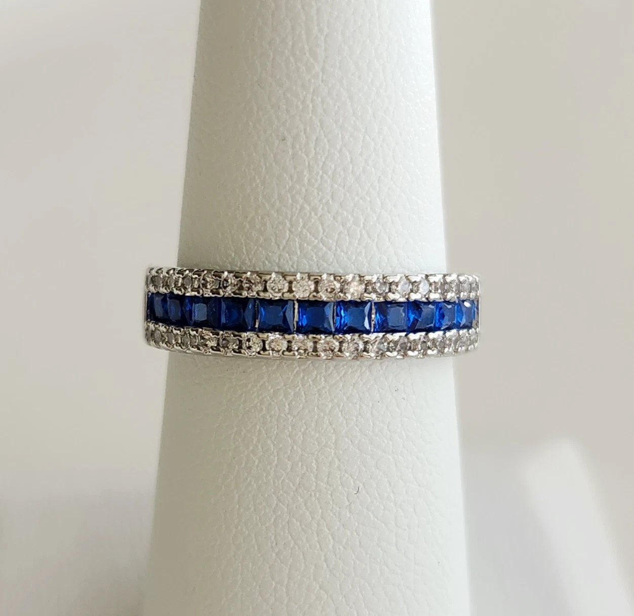 14k White Gold-plated Channel-Set 2×1.6mm Sapphire Size 8 Ring Gemstone