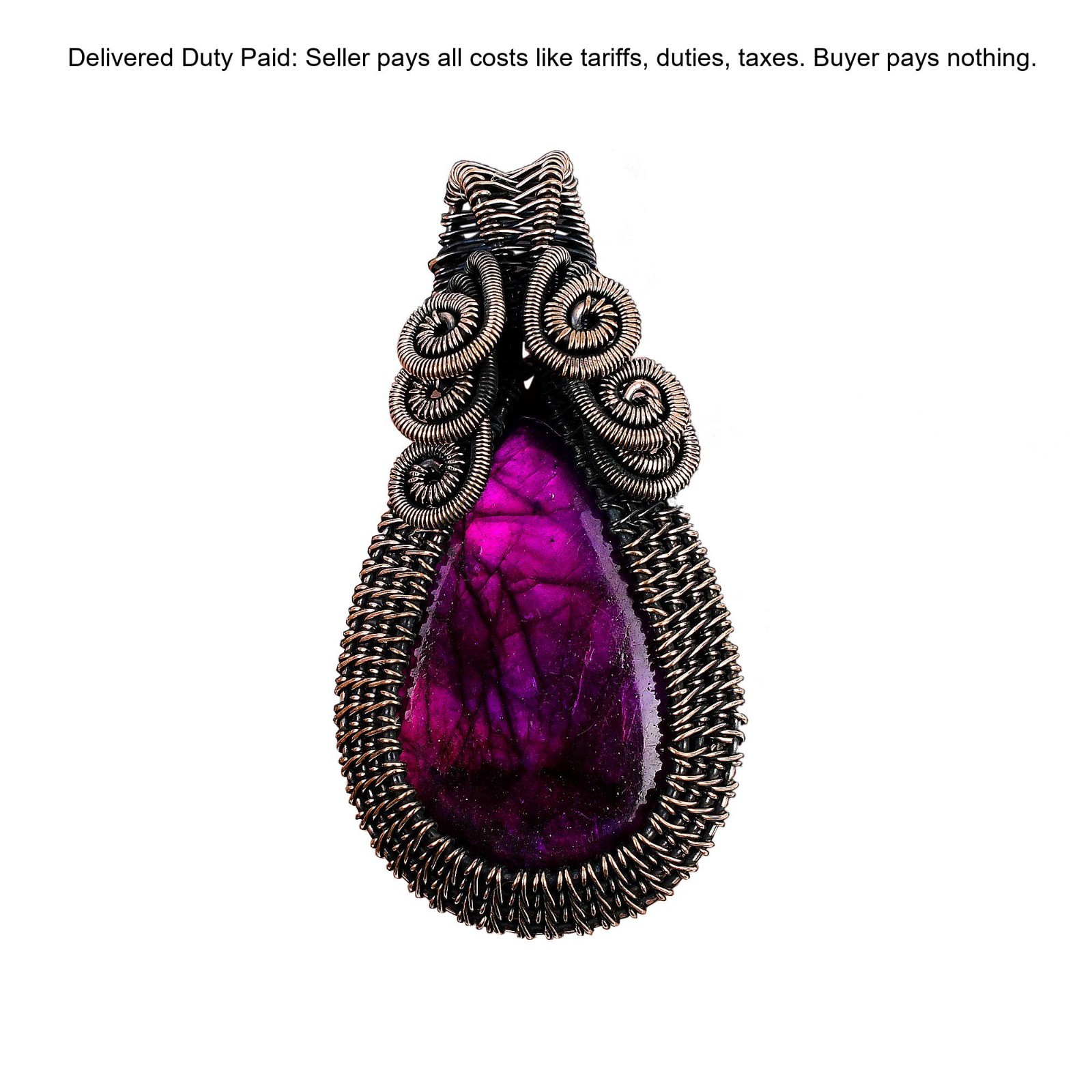 Valentines Sale Pink Fire Labradorite Stone Twisted Handcrafted Pendant Copper