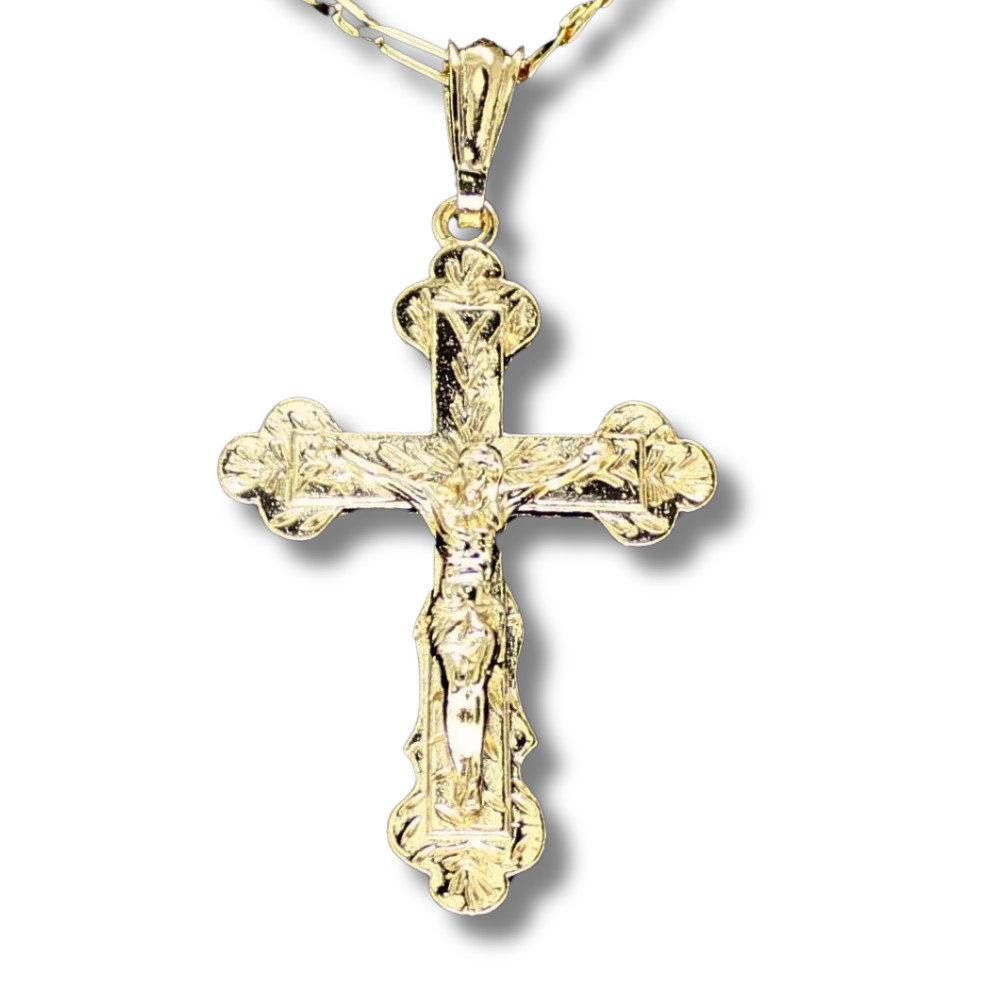 Crucifix Pendant 14k Gold Plated 20″ Figaro Chain Men Women Religious Chain