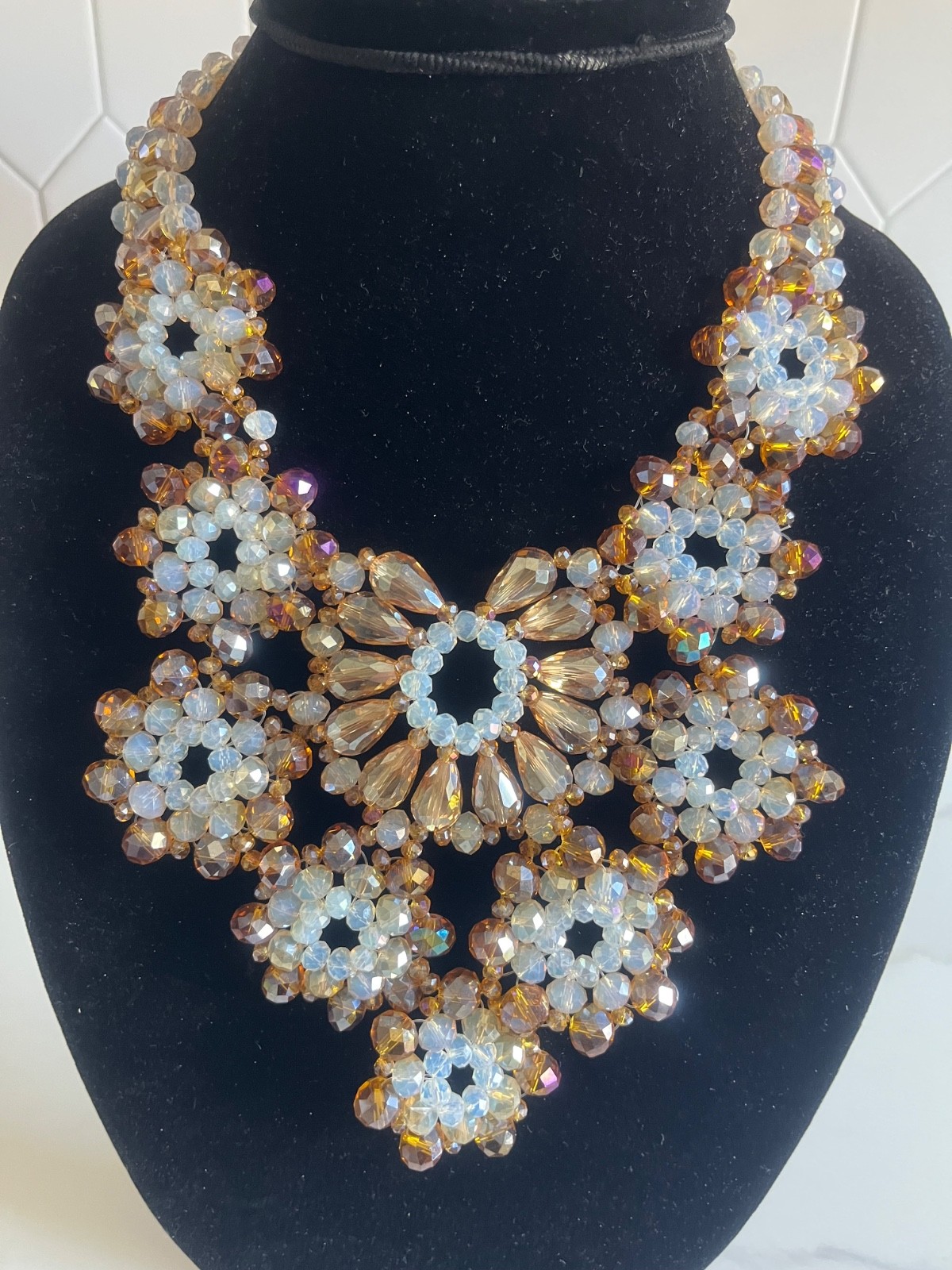 Bronze Gold White Woven Bib Beaded Statement Necklace Earing set Goldtone Chain