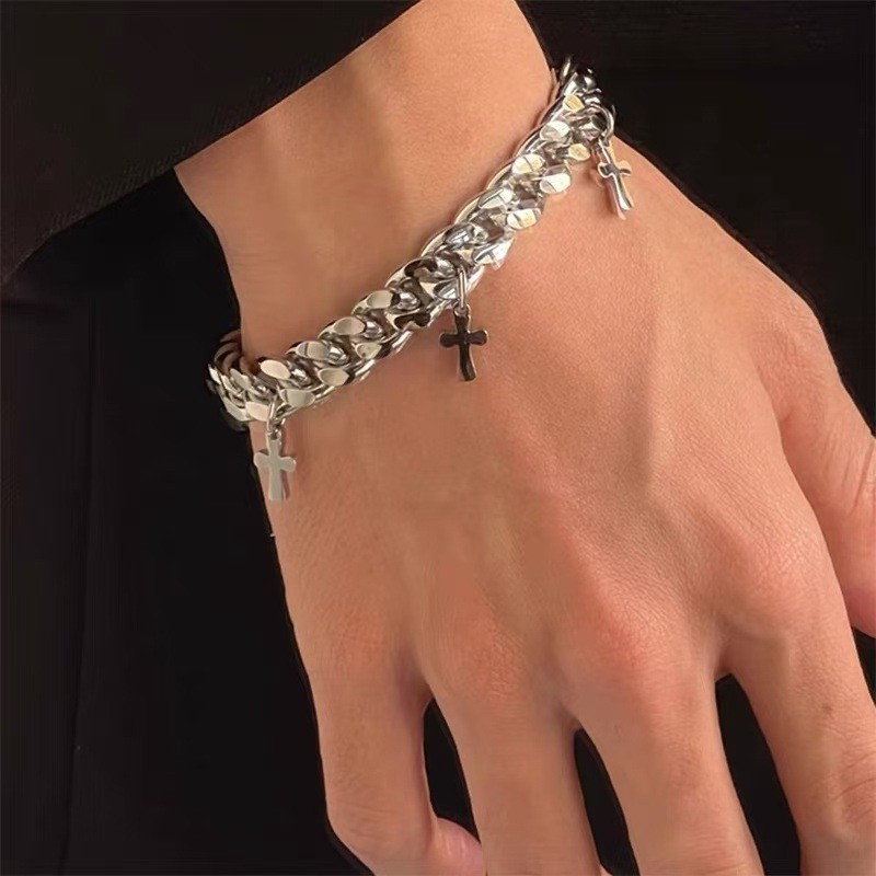 Silver Titanium Steel Alloy Thick Cuban Bracelet Charms Unisex Wrist Jewelry