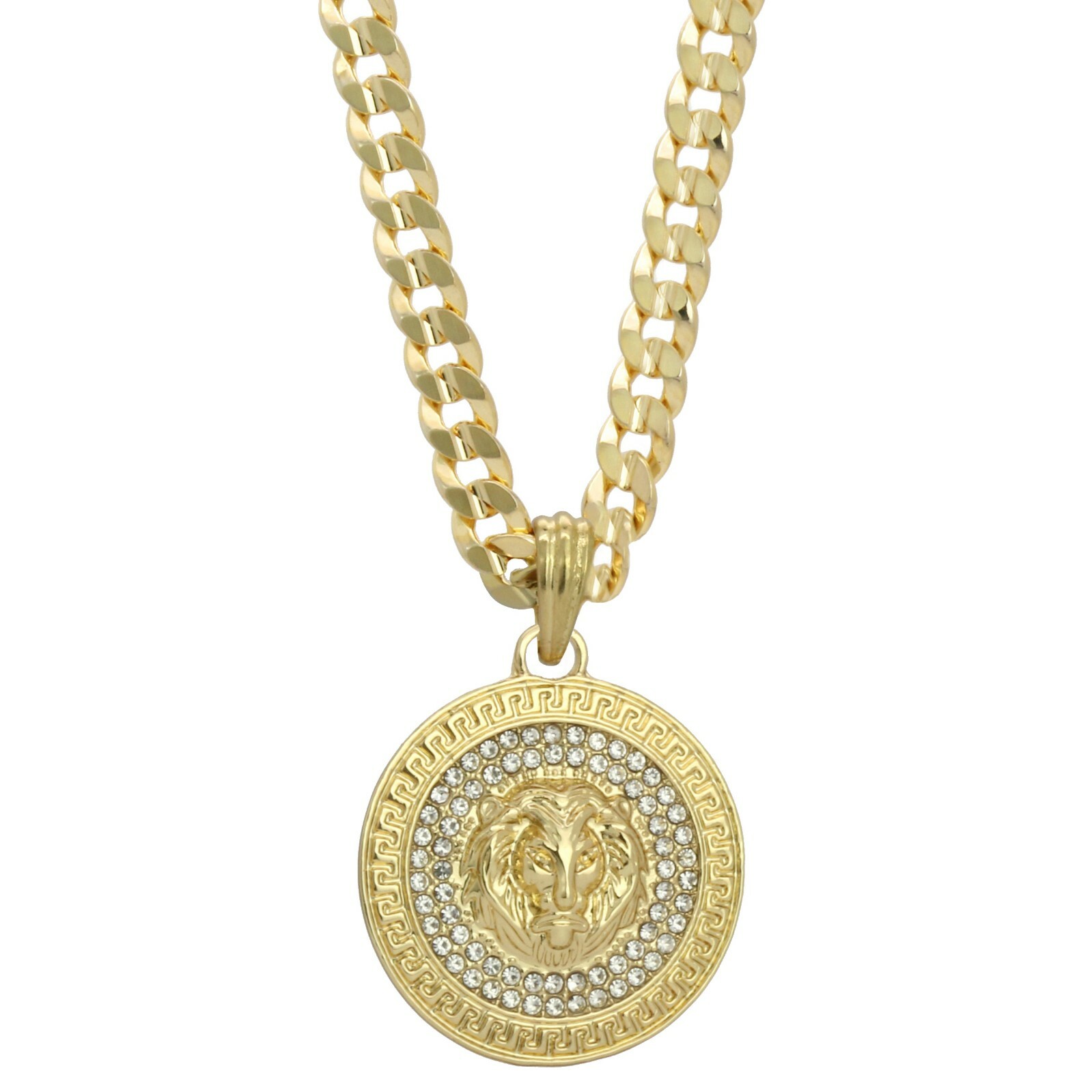 Mens 14k Gold Plated LION MEDALLION Pendant Cubic-Zirconia 30″ Cuban #98 Chain