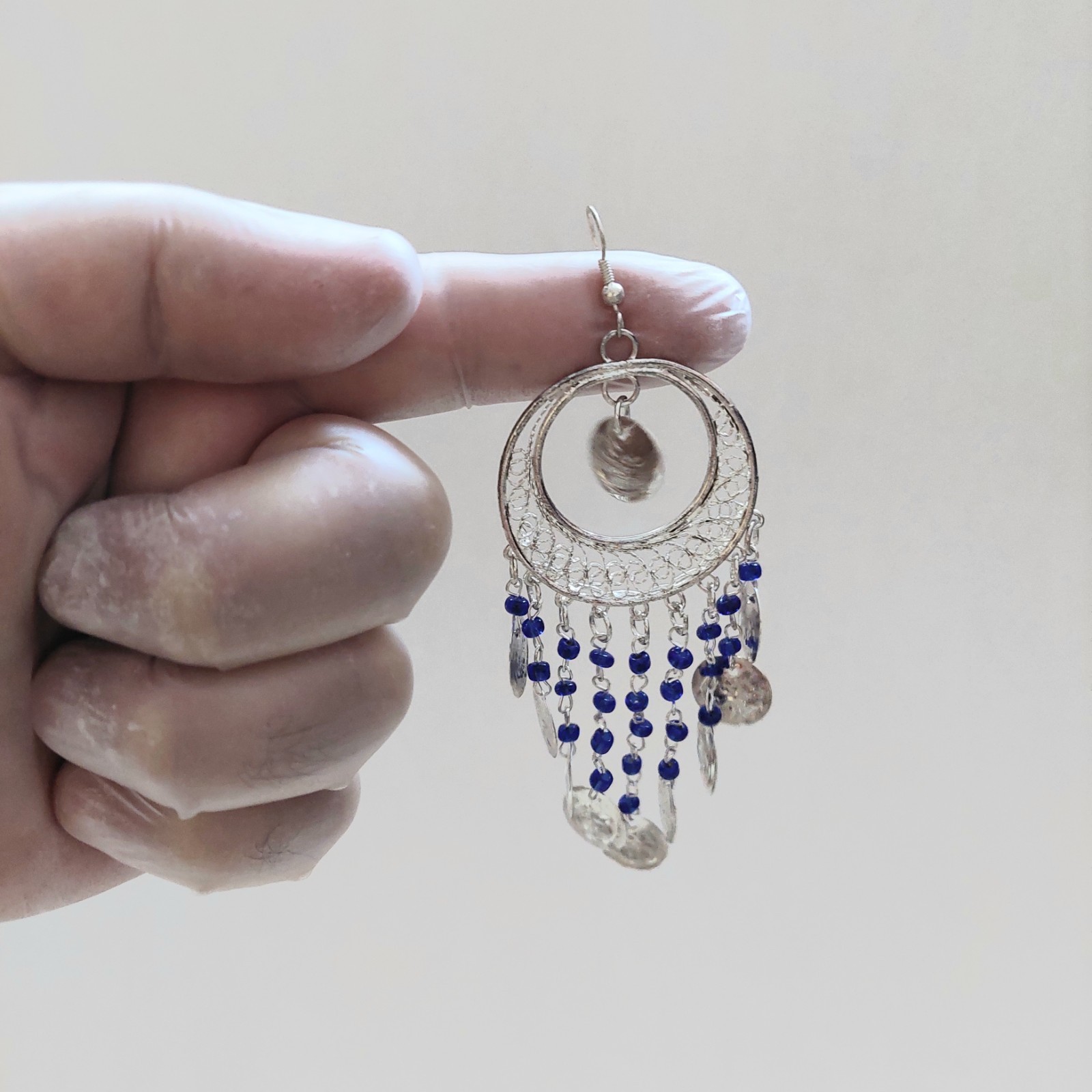 NEW Antique Style Handmade Pair of Silver Gypsy Beaded Dangle Earrings w/Coins