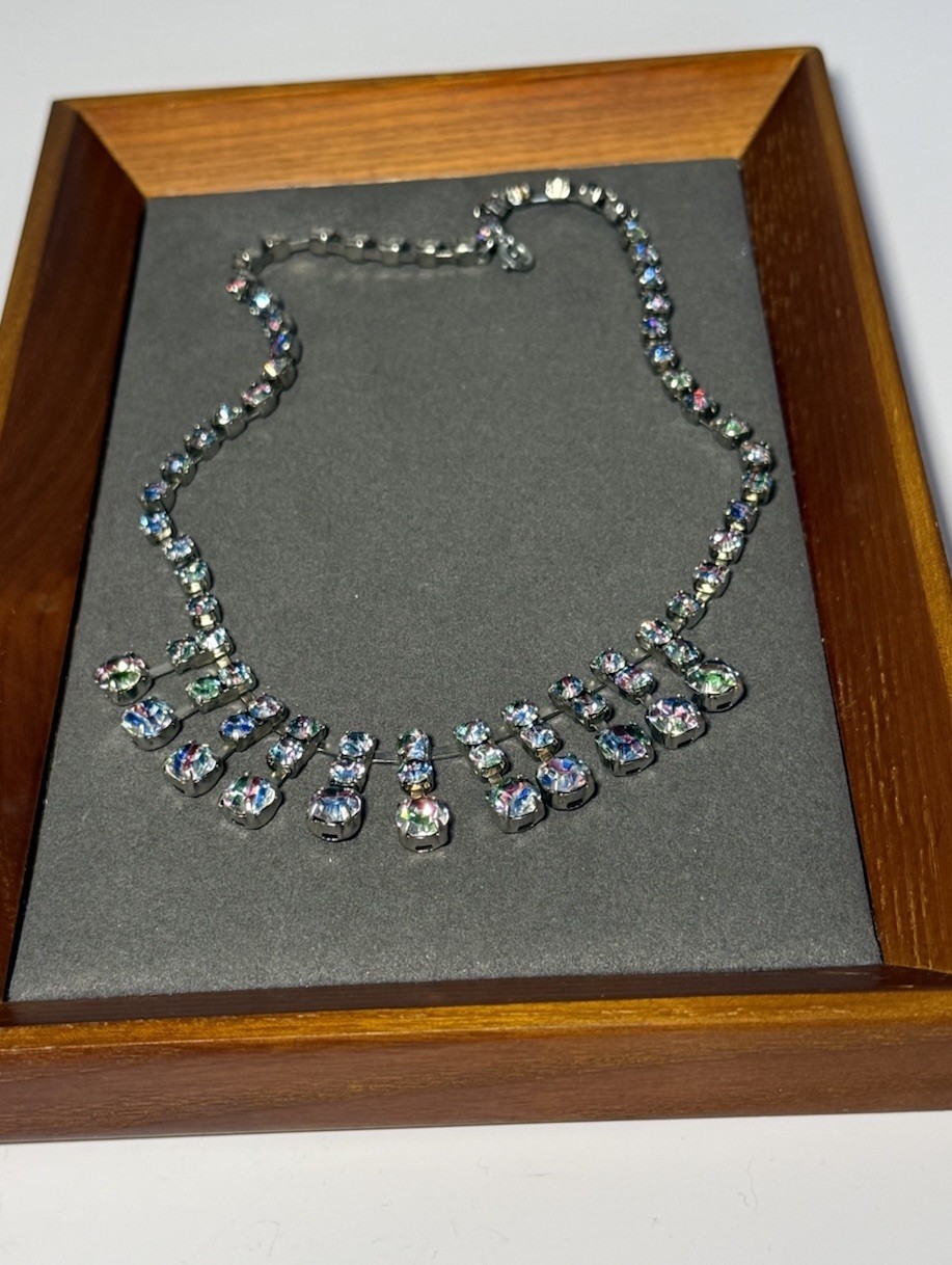 Vintage Necklace Silver Tone Setting Multicoloured Rainbow Glass Costume