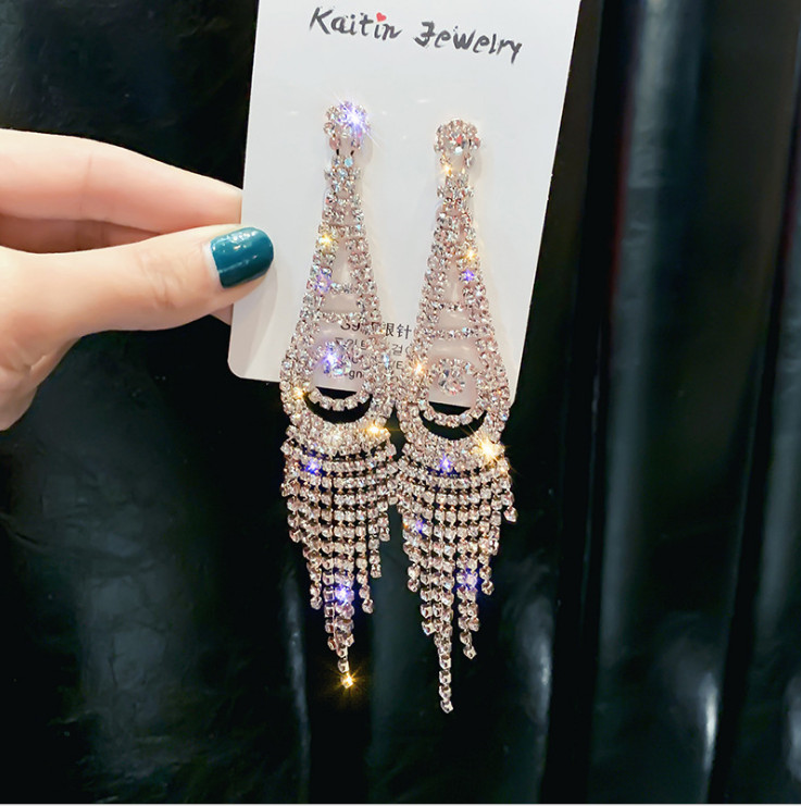 Long 5.5″ Silver Crystal Rhinestone Chandelier Earrings Tassel Dangle Sparkly AZ