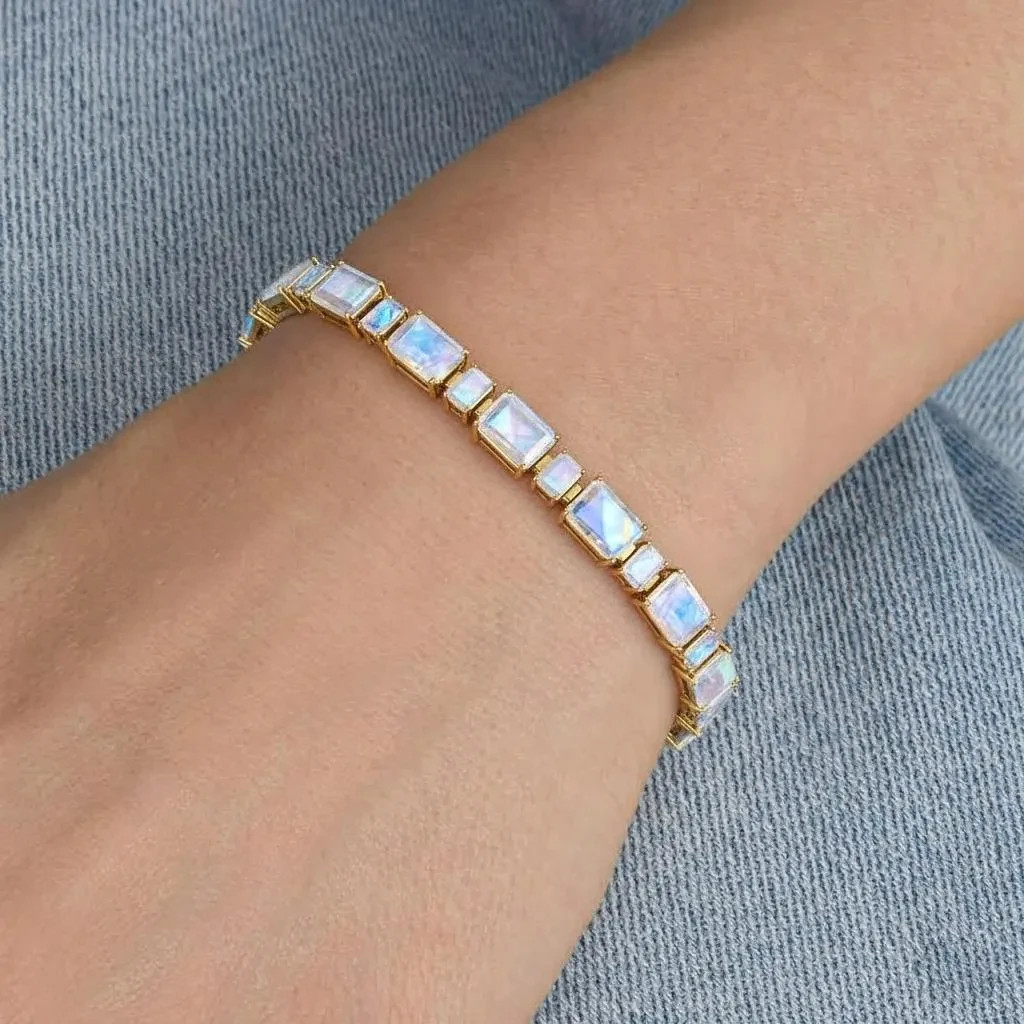 Rainbow Moonstone Octagon Gemstone Silver Tennis Bracelet, Moonstone 925 Silver