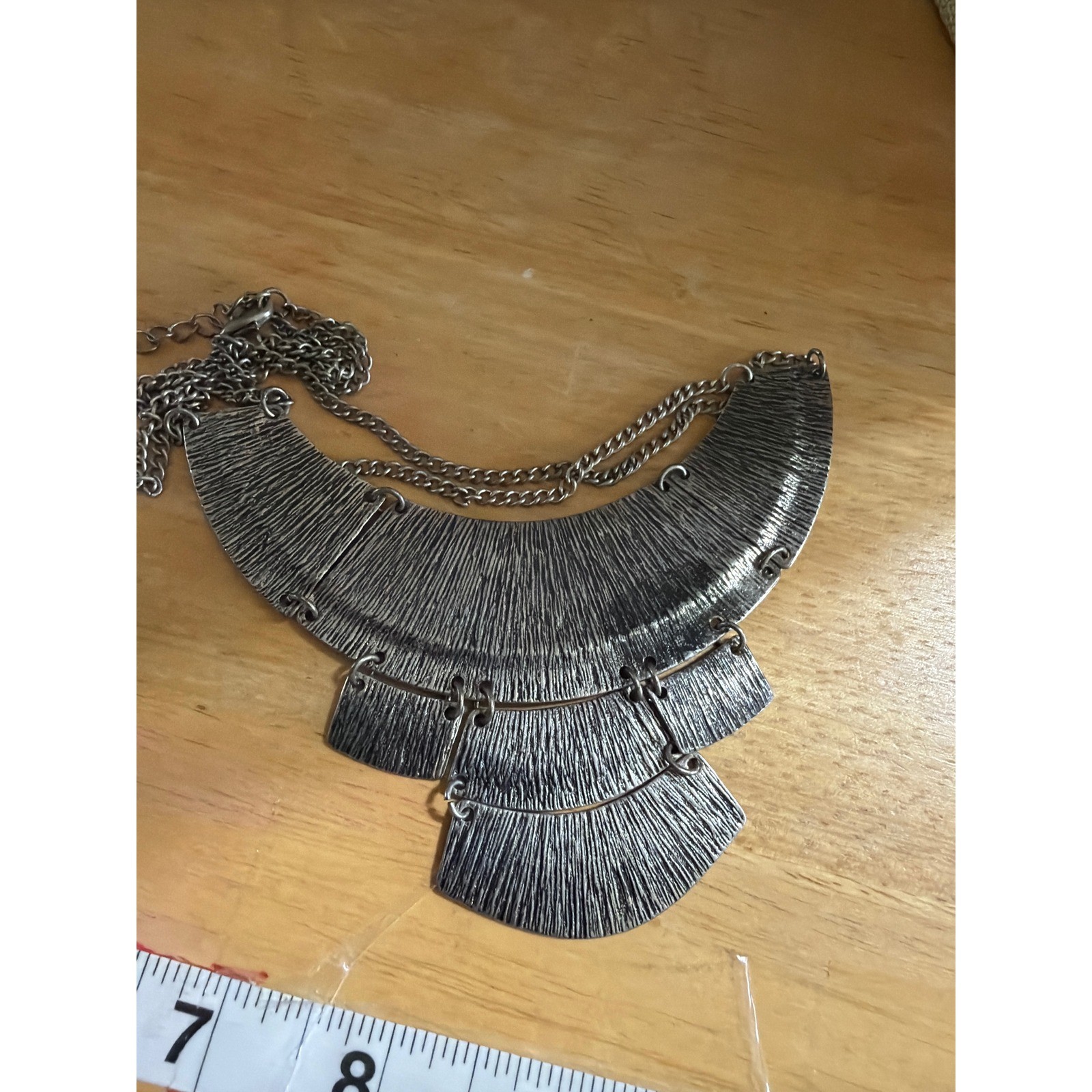 Bohemian Antiqued Silver Geometric Etched Tiered Tribal Statement Bib Necklace