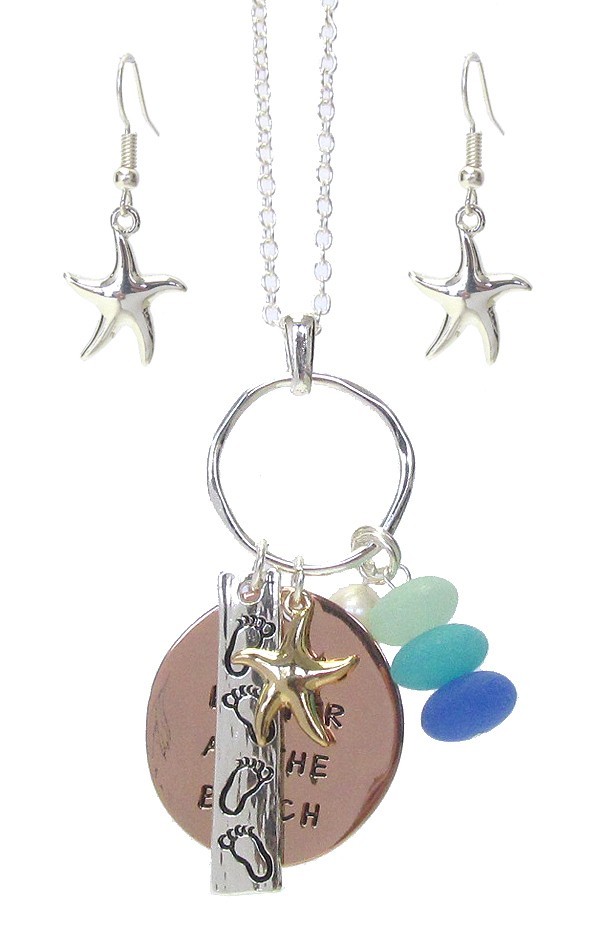 Beach Theme Sea Glass Pendant Necklace Silver Mixed Metals Earrings Sets Anklet