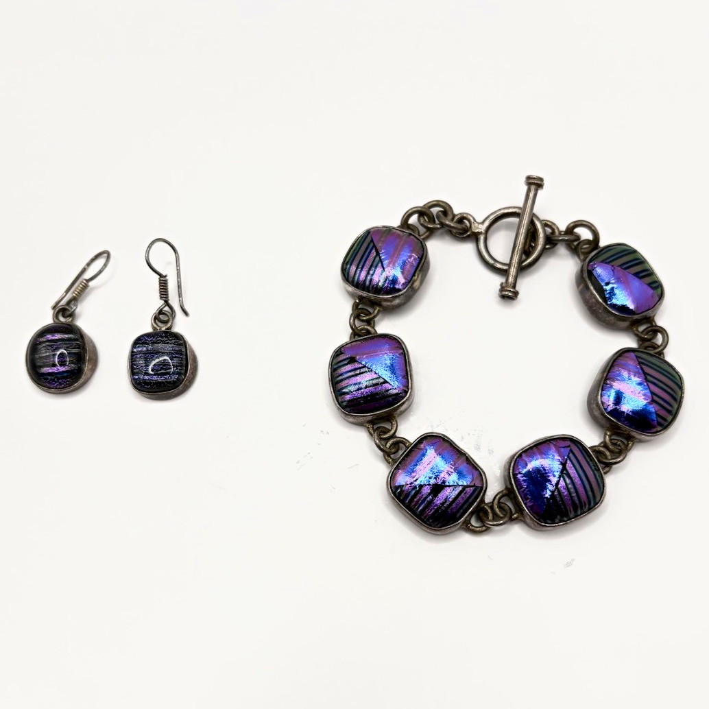 Vintage Purple Square Dichroic Glass Link Charm Bracelet & Earrings Set