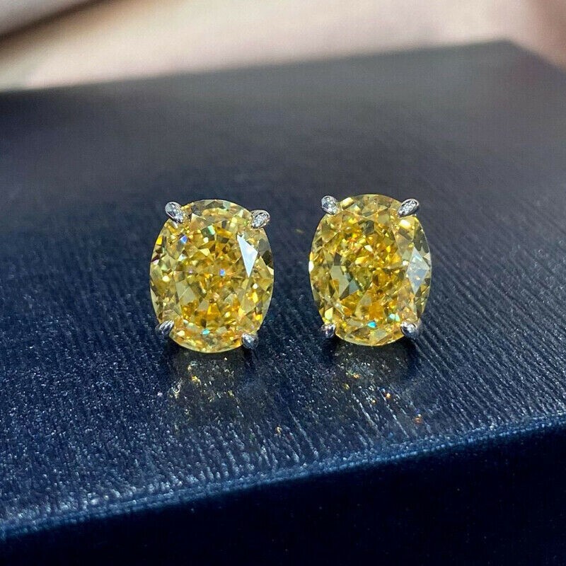 Beautiful New Silver Plated Canary Yellow Oval Cut CZ Stud Post Earrings