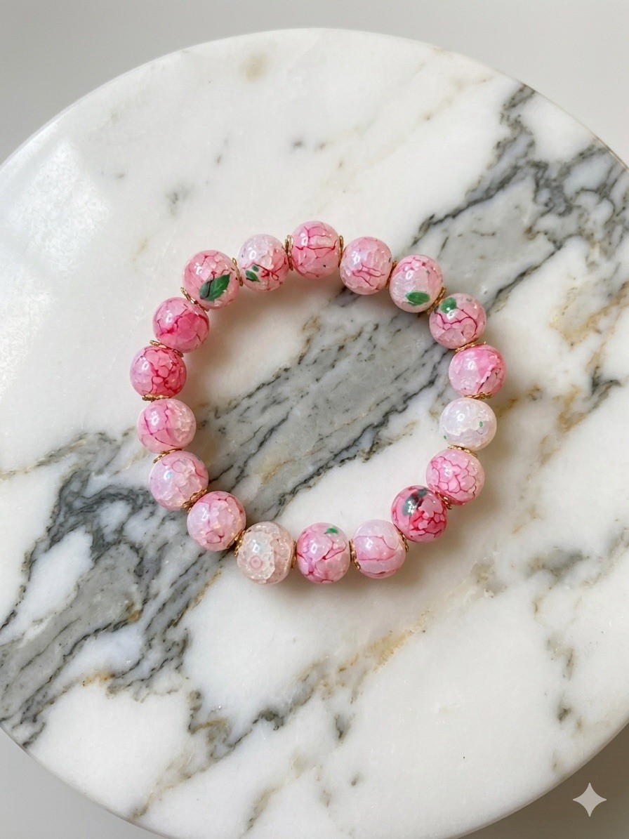 Pink White Beaded Stretch Stone Bracelet Round Less Than 8in