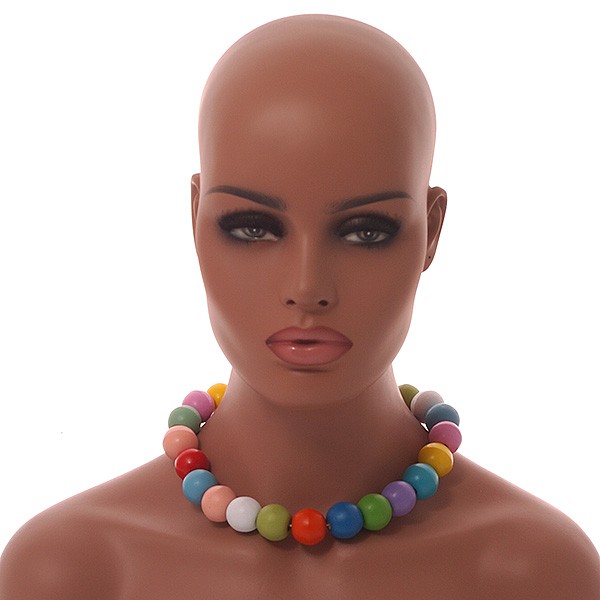Chunky Multicoloured Round Bead Wood Flex Necklace – 44cm Long/ 20mm Diameter