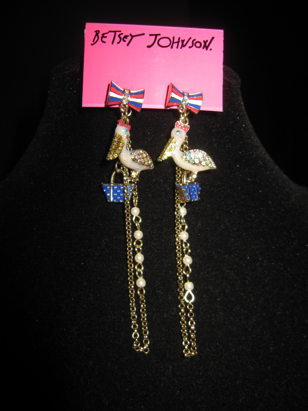 BETSEY JOHNSON IVY PELICAN PURSE BOW DANGLE EARRINGS