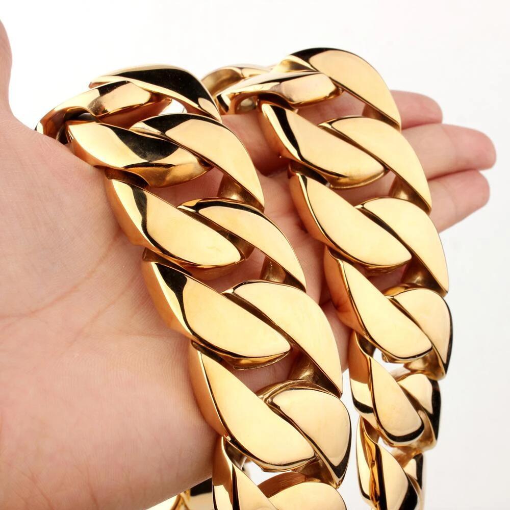 24mm/32mm Heavy Men’s Gold Tone Stainless Steel Curb Cuban Link Chain Necklace