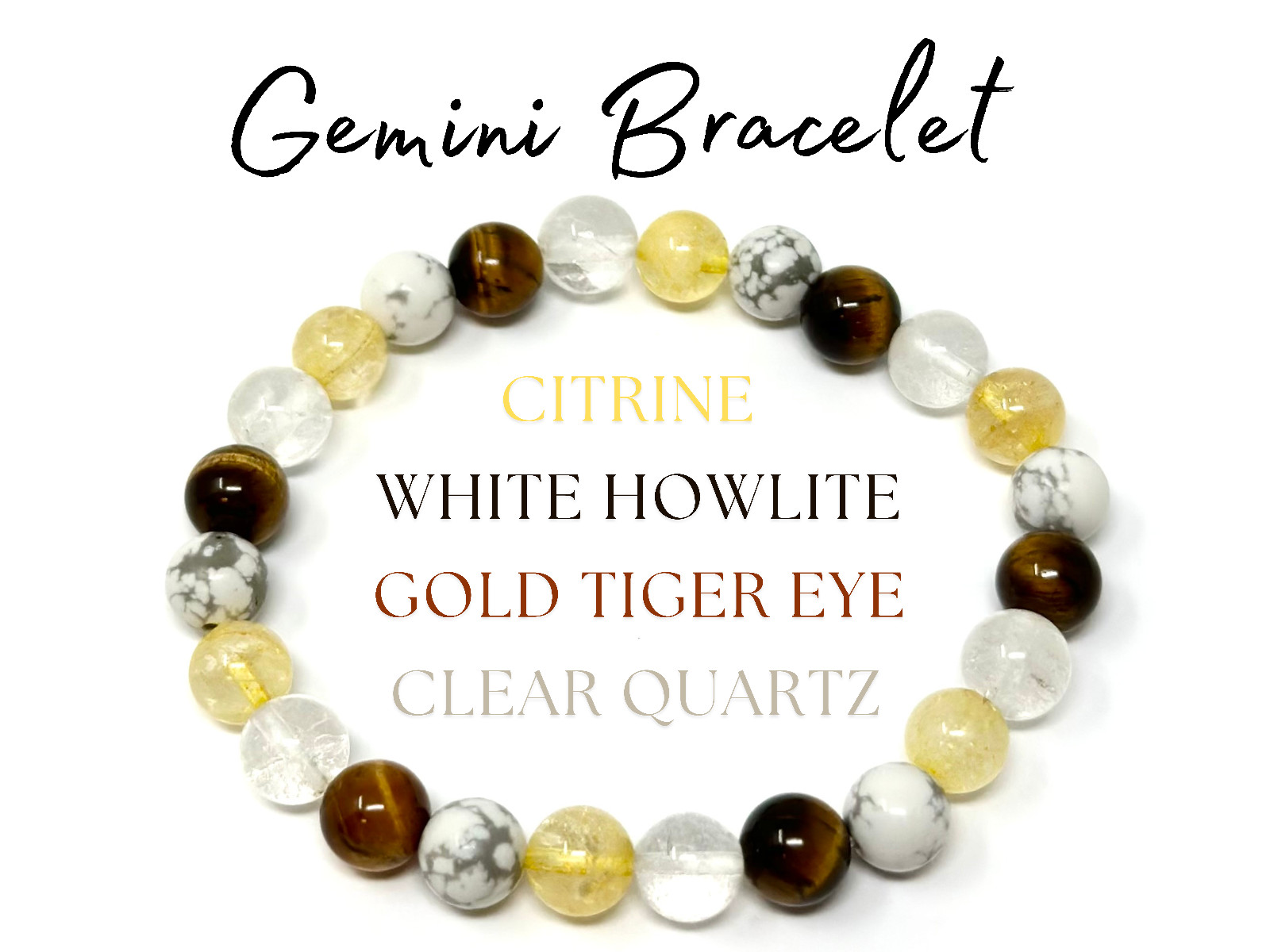 Gemini Zodiac Bracelet: 8 mm Natural Crystal Beads (Gemini Birthstone Bracelet)